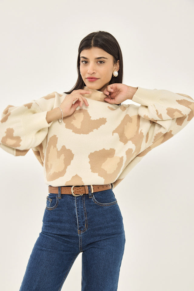 סוודר פרזנט שרוולים תפוחים שרוולים תפוחים מנומר שמנת