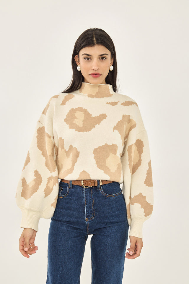 סוודר פרזנט שרוולים תפוחים שרוולים תפוחים מנומר שמנת