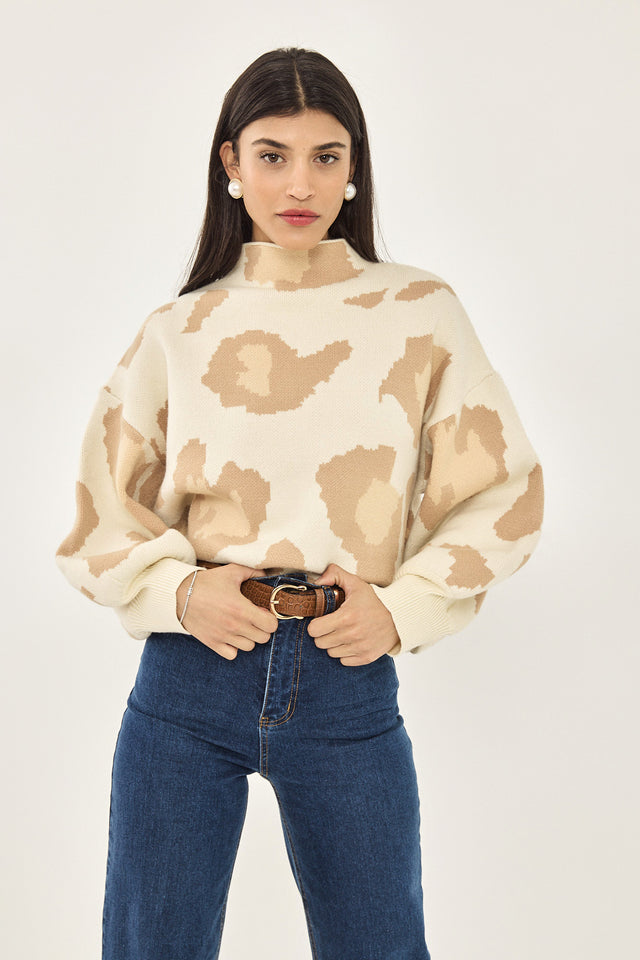 סוודר פרזנט שרוולים תפוחים שרוולים תפוחים מנומר שמנת