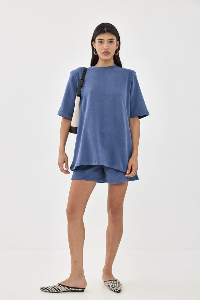 חולצת טארט-טטן פרנץ' טרי אוברסייז כריות נשלפות קצרה כחולה