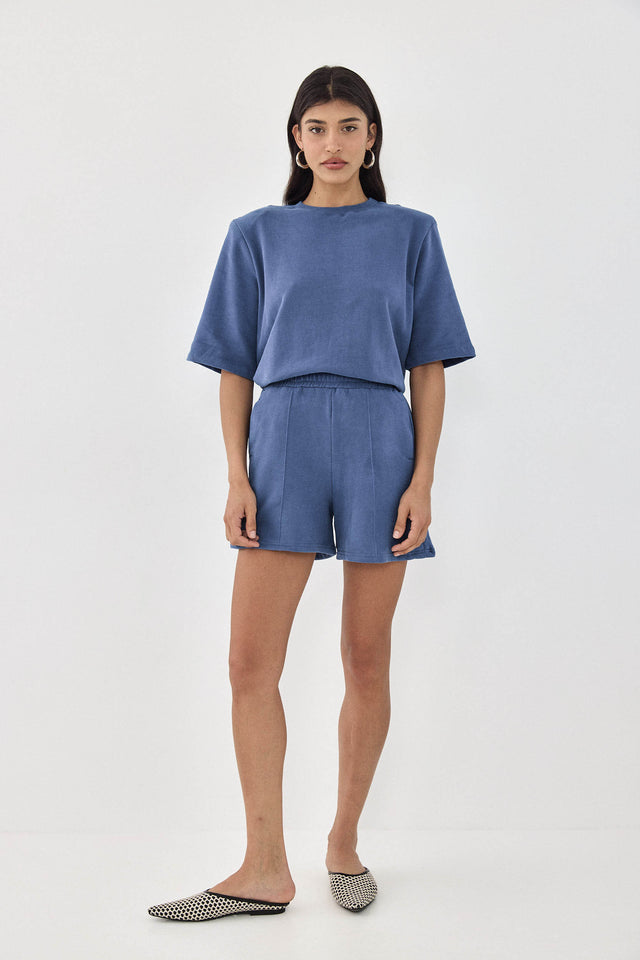 חולצת טארט-טטן פרנץ' טרי אוברסייז כריות נשלפות קצרה כחולה