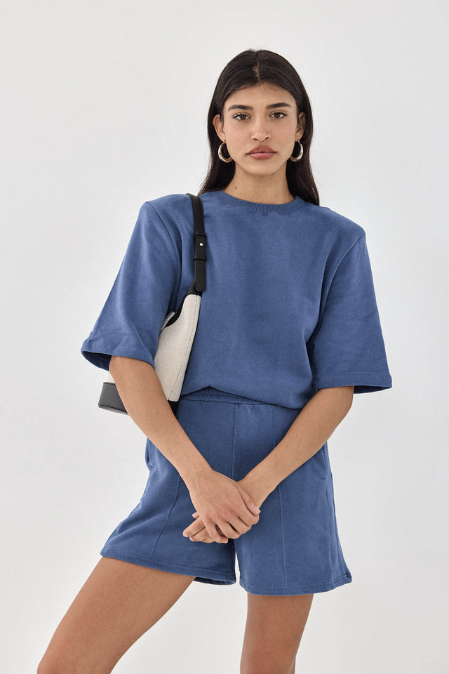 חולצת טארט-טטן פרנץ' טרי אוברסייז כריות נשלפות קצרה כחולה