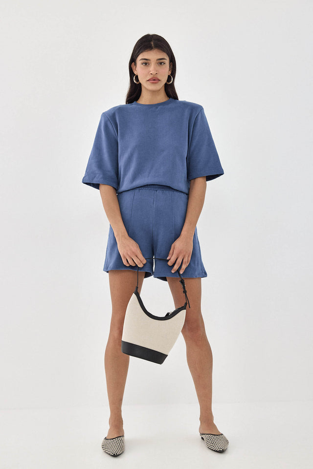 חולצת טארט-טטן פרנץ' טרי אוברסייז כריות נשלפות קצרה כחולה