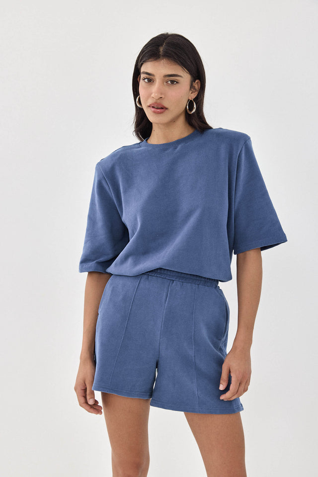 חולצת טארט-טטן פרנץ' טרי אוברסייז כריות נשלפות קצרה כחולה