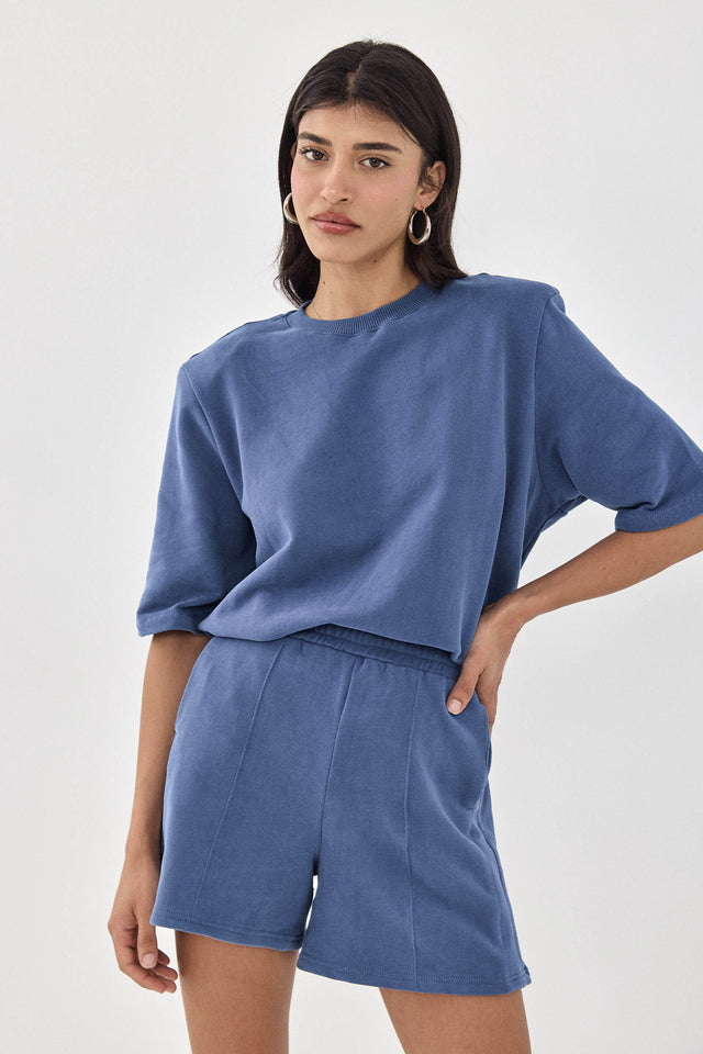 חולצת טארט-טטן פרנץ' טרי אוברסייז כריות נשלפות קצרה כחולה