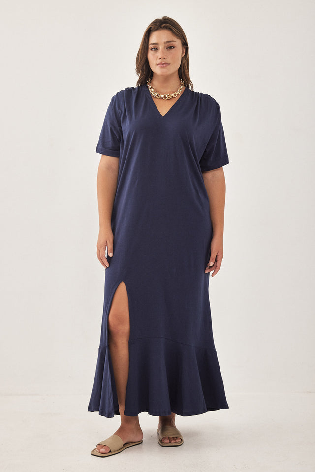 שמלת וי יולי כותנה מקסי כחול נייבי