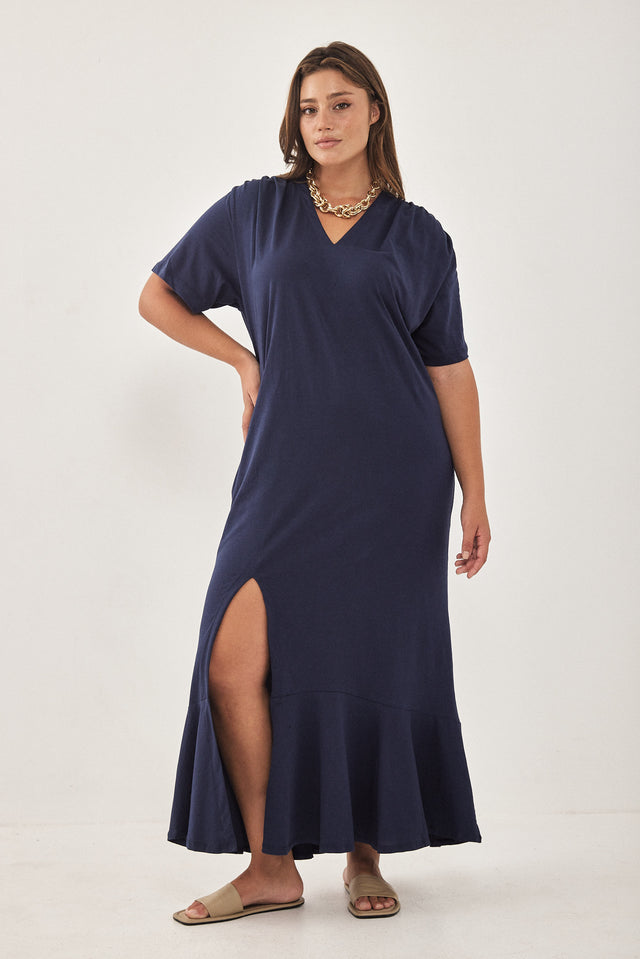 שמלת וי יולי כותנה מקסי כחול נייבי