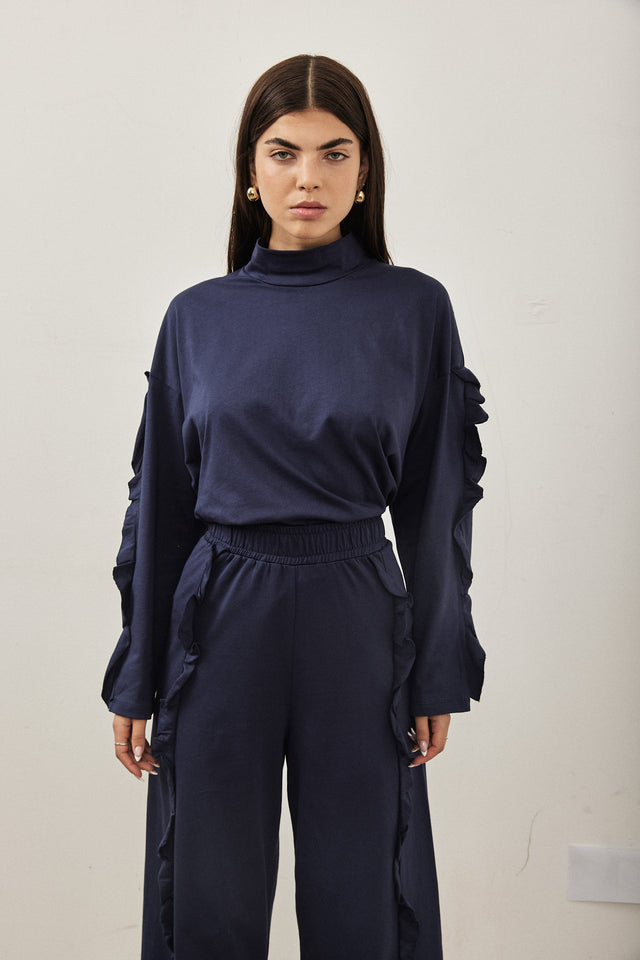 חולצת מיני גולף פפלום בשרוולים כחול נייבי