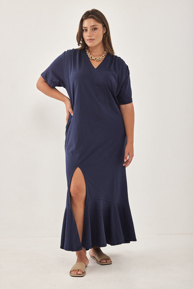שמלת וי יולי כותנה מקסי כחול נייבי