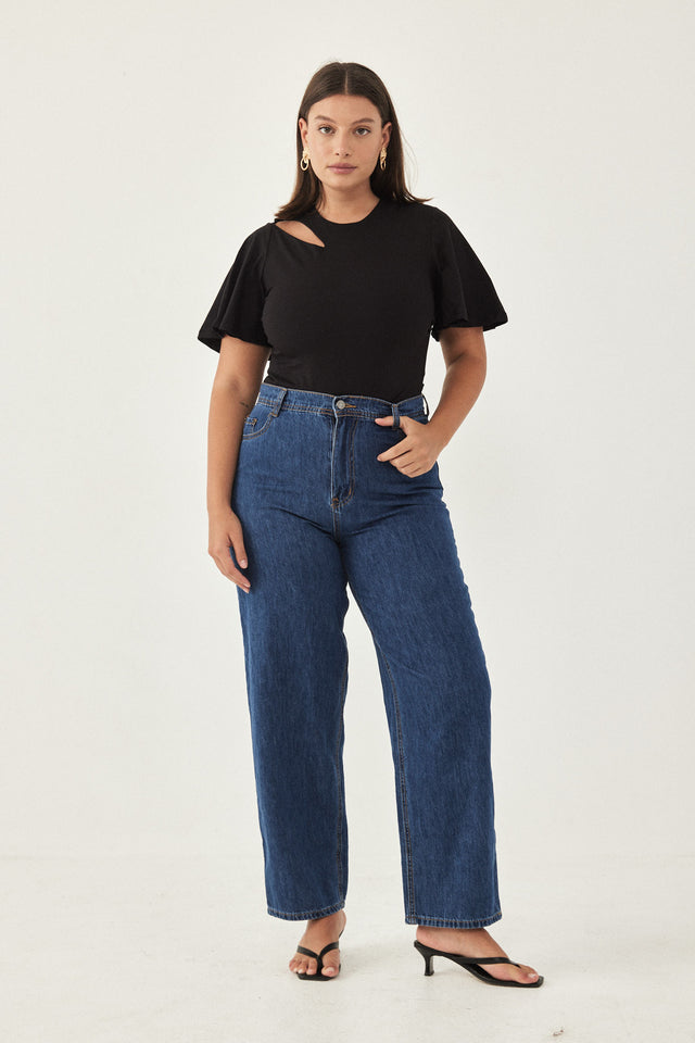 בגד גוף שחור קאט-אאוט שרוולי פעמון יאנה