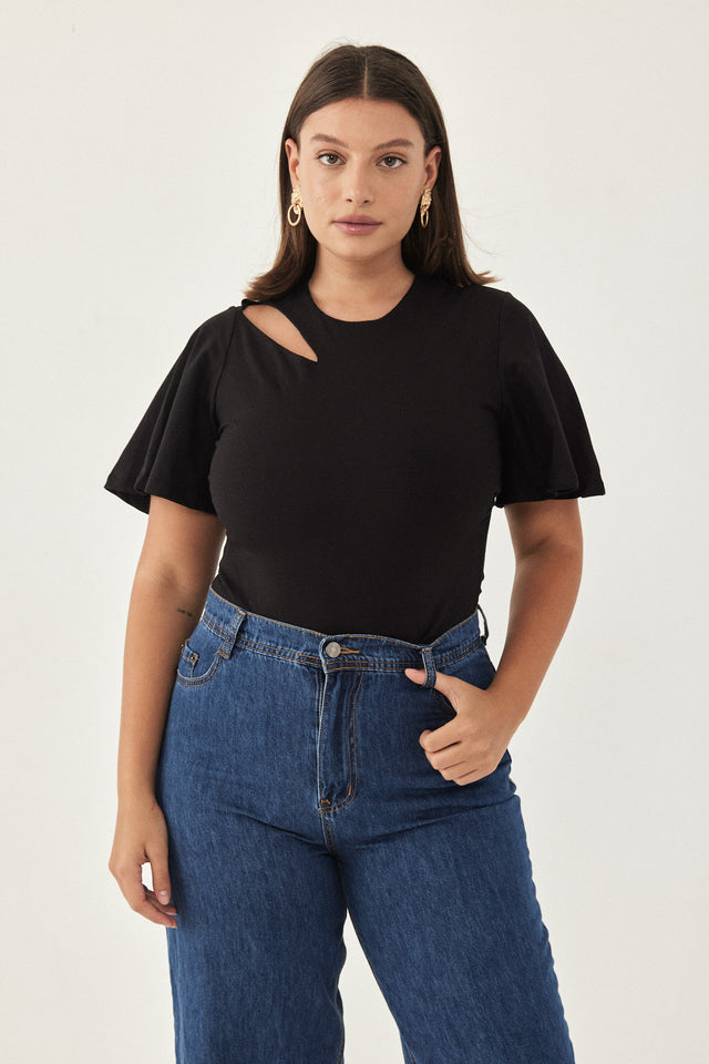 בגד גוף שחור קאט-אאוט שרוולי פעמון יאנה