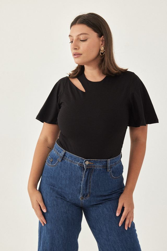 בגד גוף שחור קאט-אאוט שרוולי פעמון יאנה