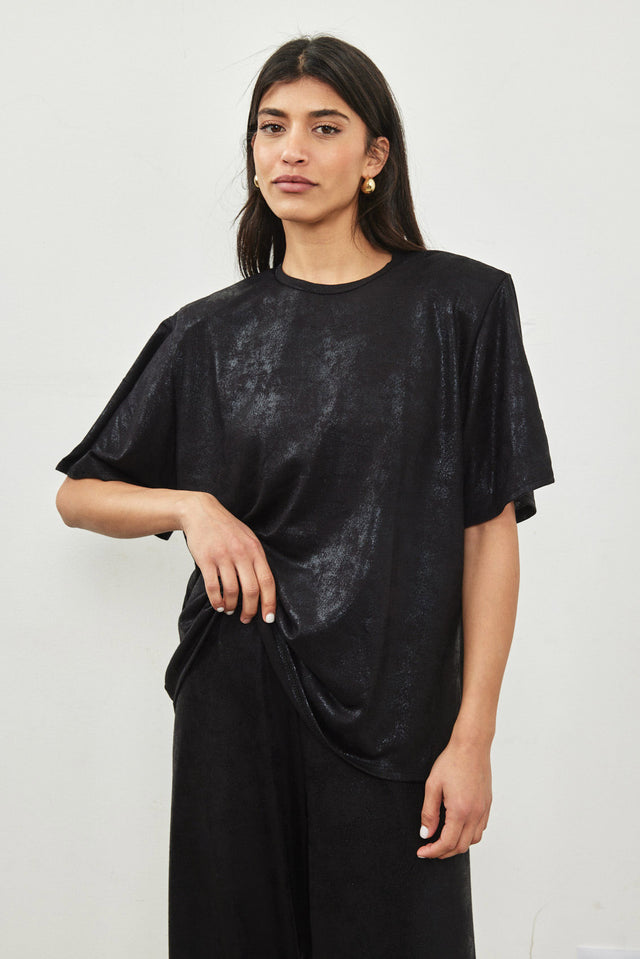 חולצת ריב ספיריט גליטר שרוולי פעמון כריות נשלפות שחורה