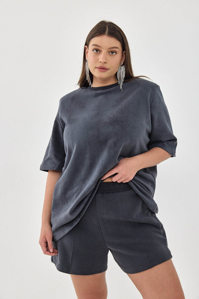 חולצת טארט-טטן פרנץ' טרי אוברסייז כריות נשלפות קצרה כחולה