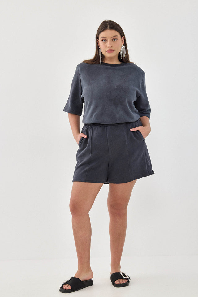 חולצת טארט-טטן פרנץ' טרי אוברסייז כריות נשלפות קצרה כחולה