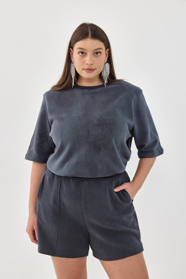 חולצת טארט-טטן פרנץ' טרי אוברסייז כריות נשלפות קצרה כחולה