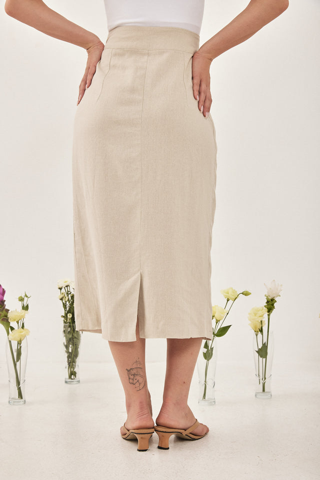 חצאית פשתן מייגן מידי כפתורים אבן