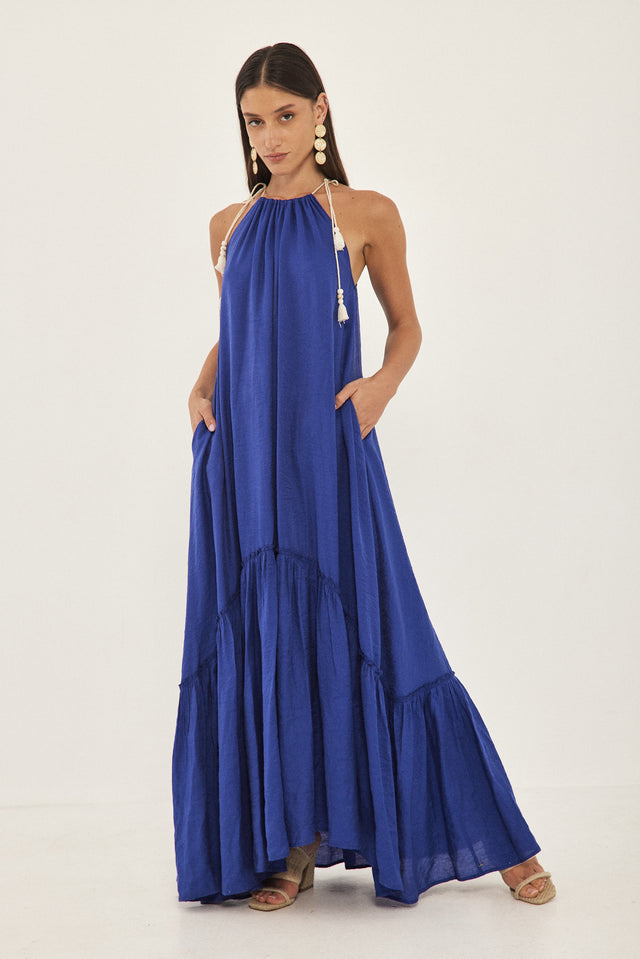 שמלת ג'מילה קשירה פרנזים מקסי פפלום כחולה