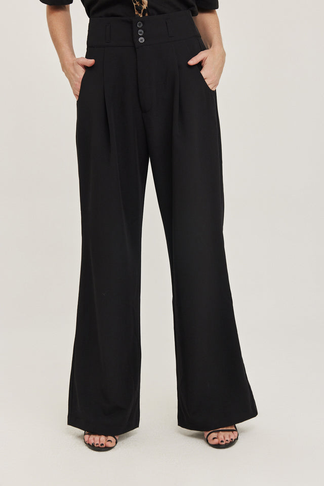 מכנסיים מחוייטים קרמבו חגורה רחבה קפלים שחורים