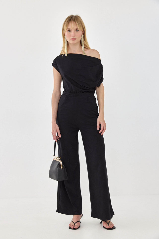 אוברול אוף שולדר לואיס אסימטרי כיווצים כתף אחת שחור