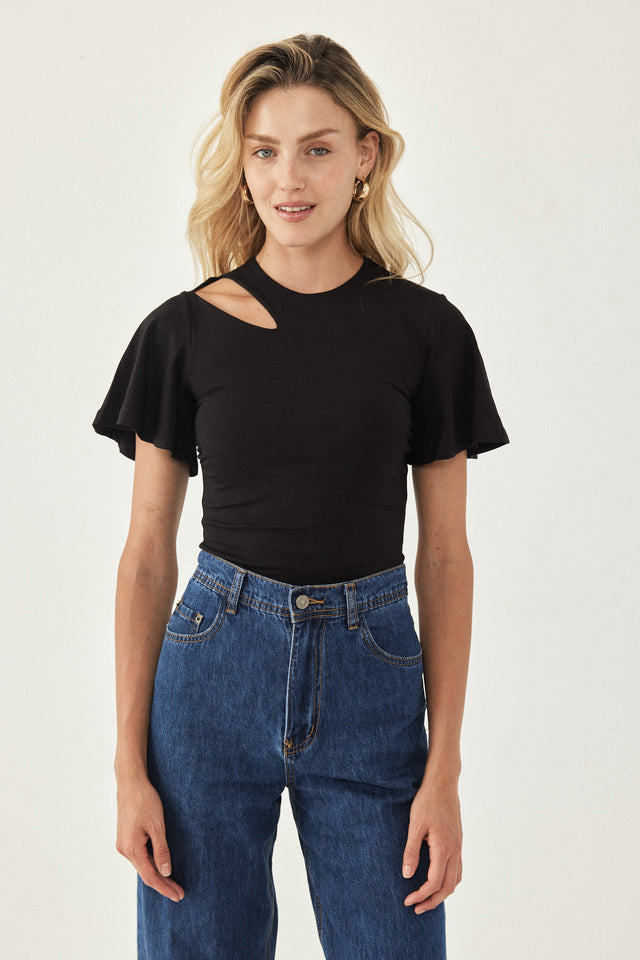 בגד גוף שחור קאט-אאוט שרוולי פעמון יאנה