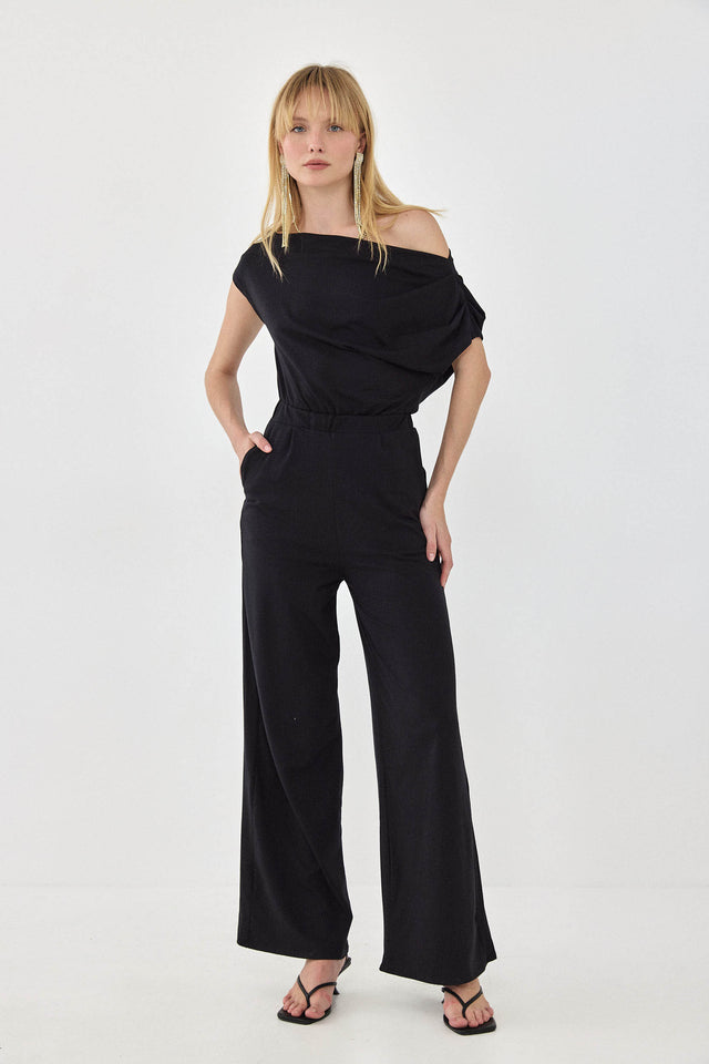 אוברול אוף שולדר לואיס אסימטרי כיווצים כתף אחת שחור