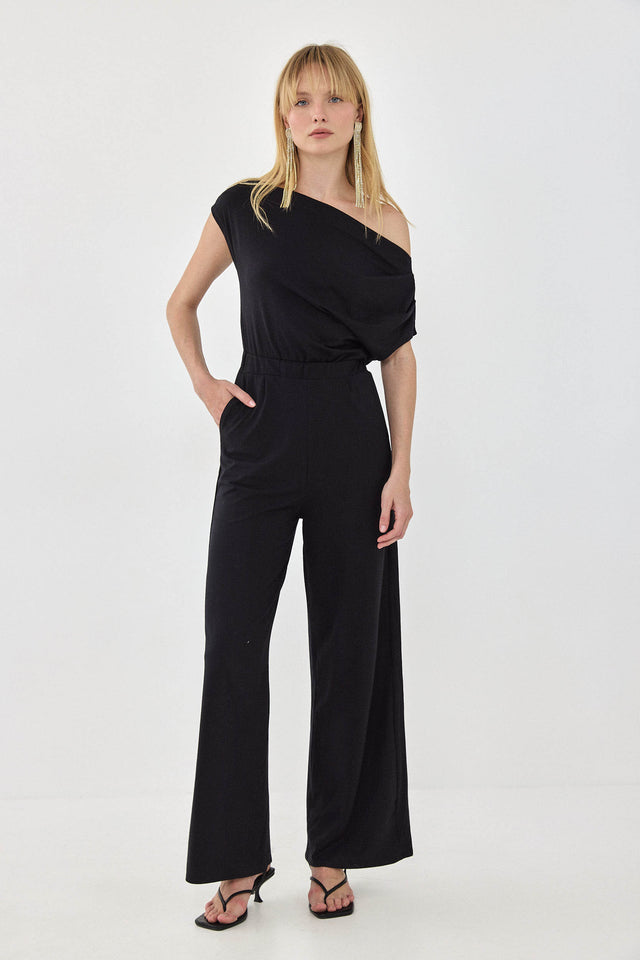 אוברול אוף שולדר לואיס אסימטרי כיווצים כתף אחת שחור