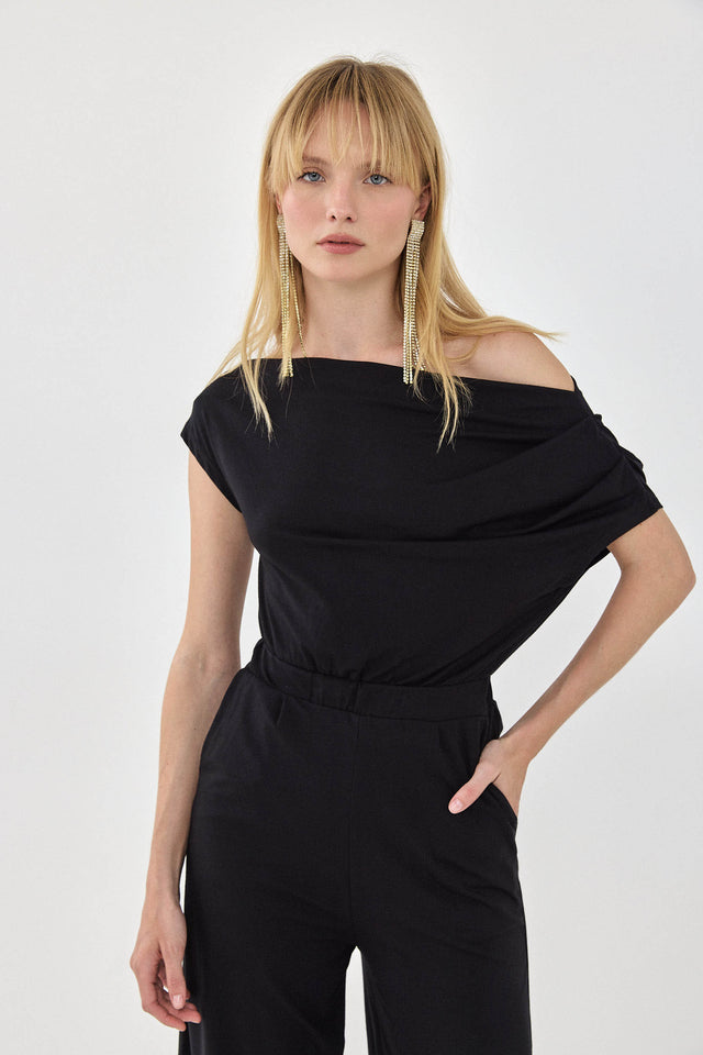 אוברול אוף שולדר לואיס אסימטרי כיווצים כתף אחת שחור