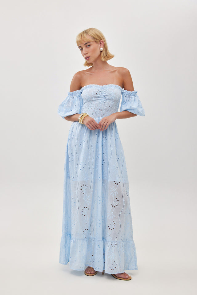 שמלת בוהו ציפקה שרוולים נשלפים תחרה תכלת