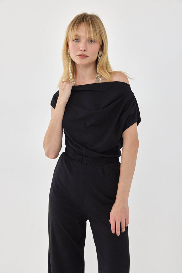 אוברול אוף שולדר לואיס אסימטרי כיווצים כתף אחת שחור