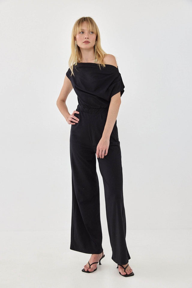 אוברול אוף שולדר לואיס אסימטרי כיווצים כתף אחת שחור