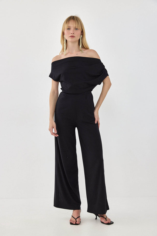 אוברול אוף שולדר לואיס אסימטרי כיווצים כתף אחת שחור