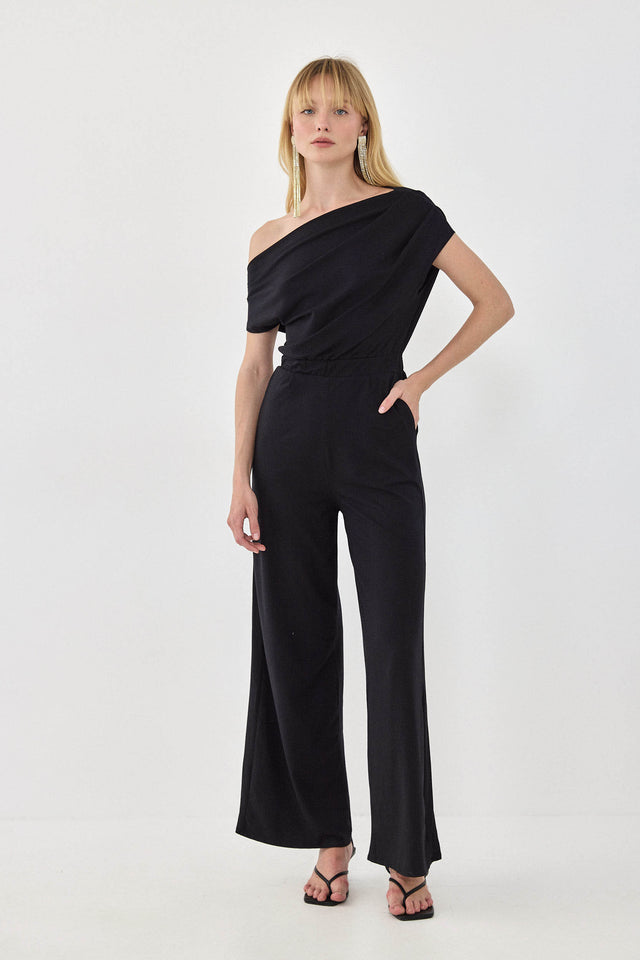 אוברול אוף שולדר לואיס אסימטרי כיווצים כתף אחת שחור