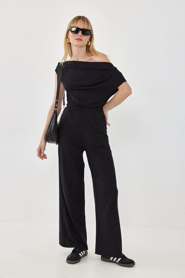 אוברול אוף שולדר לואיס אסימטרי כיווצים כתף אחת שחור