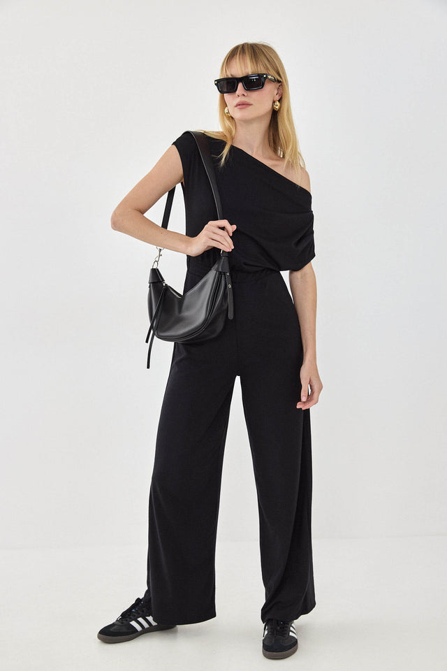 אוברול אוף שולדר לואיס אסימטרי כיווצים כתף אחת שחור