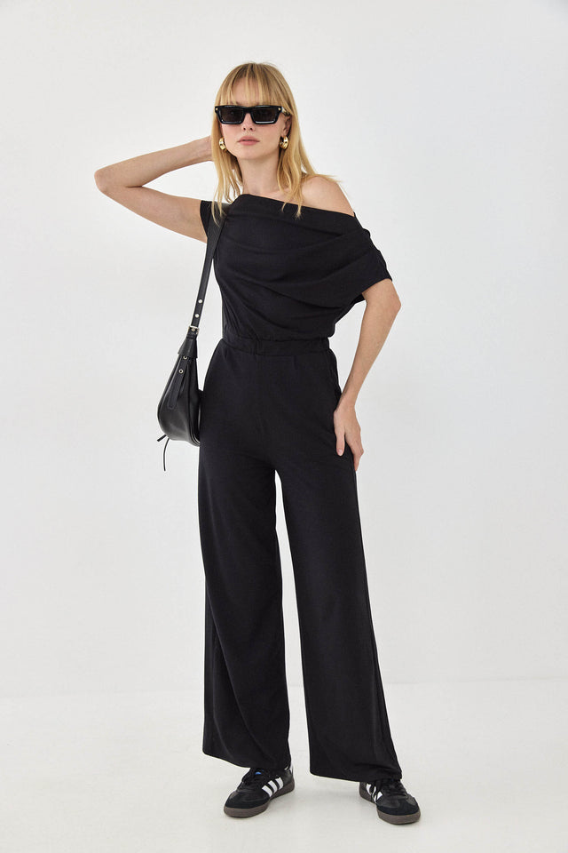 אוברול אוף שולדר לואיס אסימטרי כיווצים כתף אחת שחור