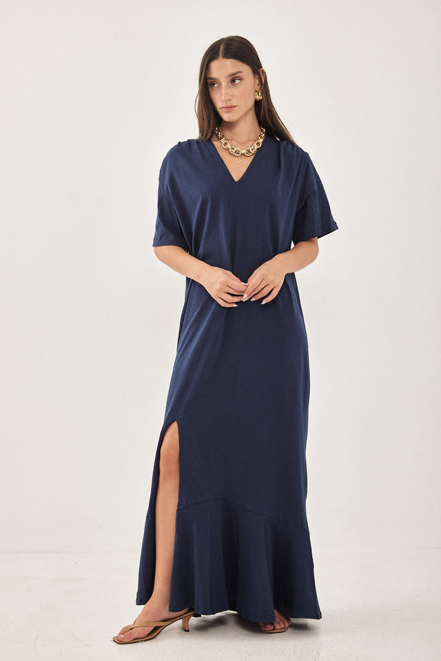 שמלת וי יולי כותנה מקסי כחול נייבי