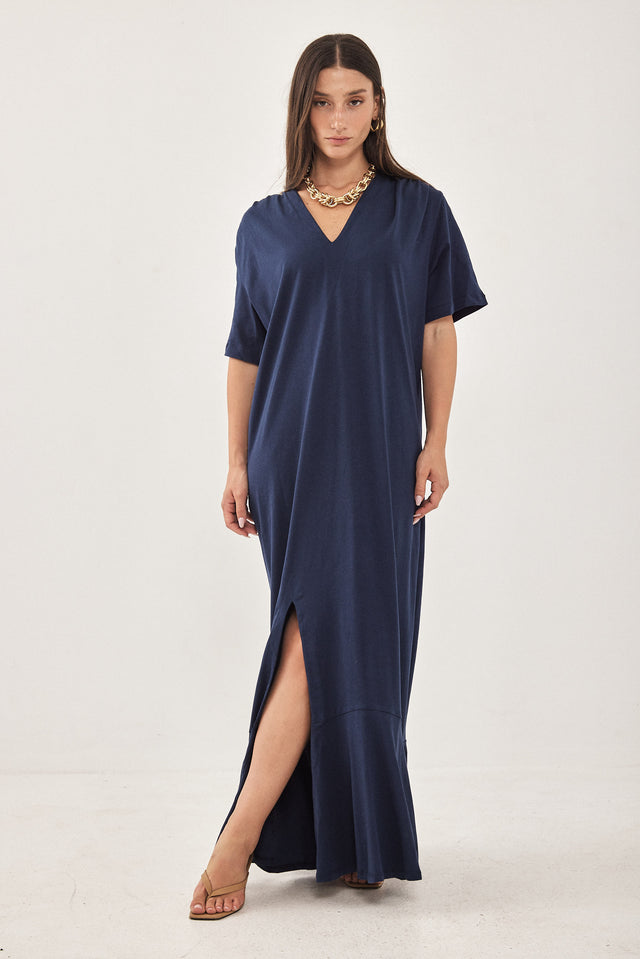 שמלת וי יולי כותנה מקסי כחול נייבי