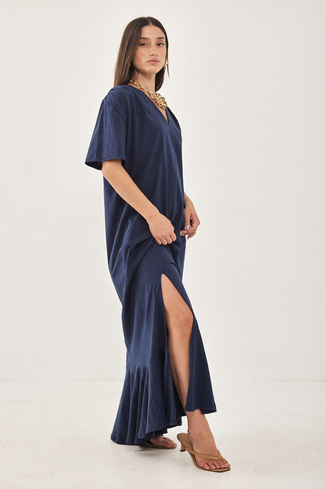 שמלת וי יולי כותנה מקסי כחול נייבי
