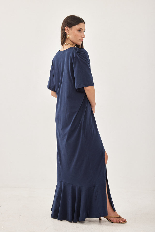 שמלת וי יולי כותנה מקסי כחול נייבי