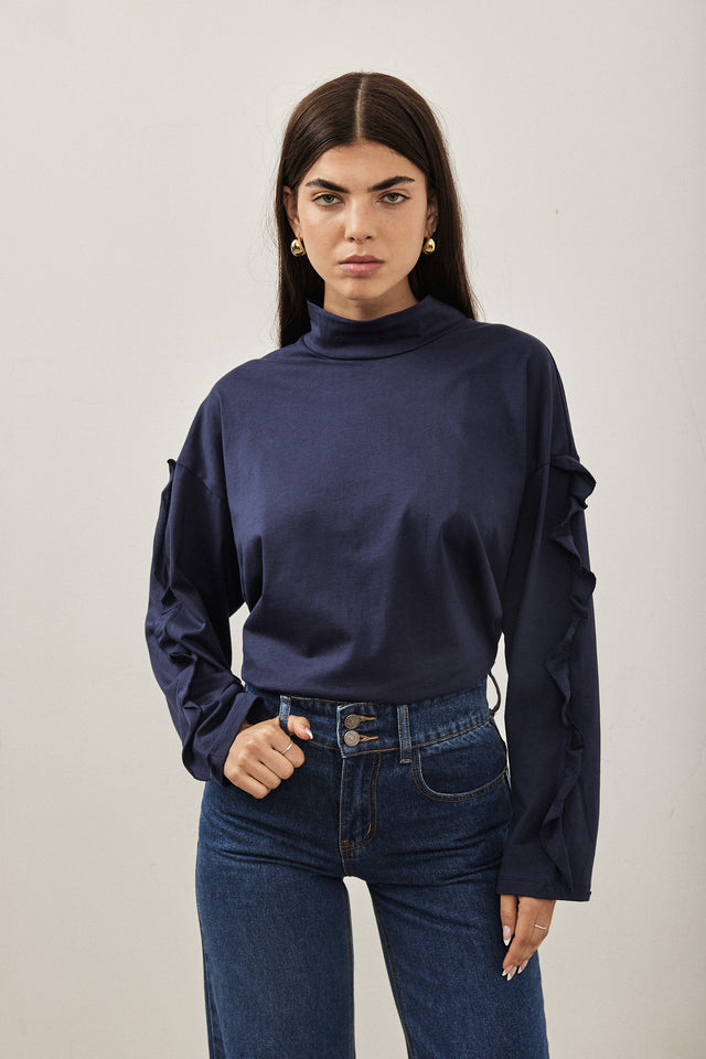 חולצת מיני גולף פפלום בשרוולים כחול נייבי