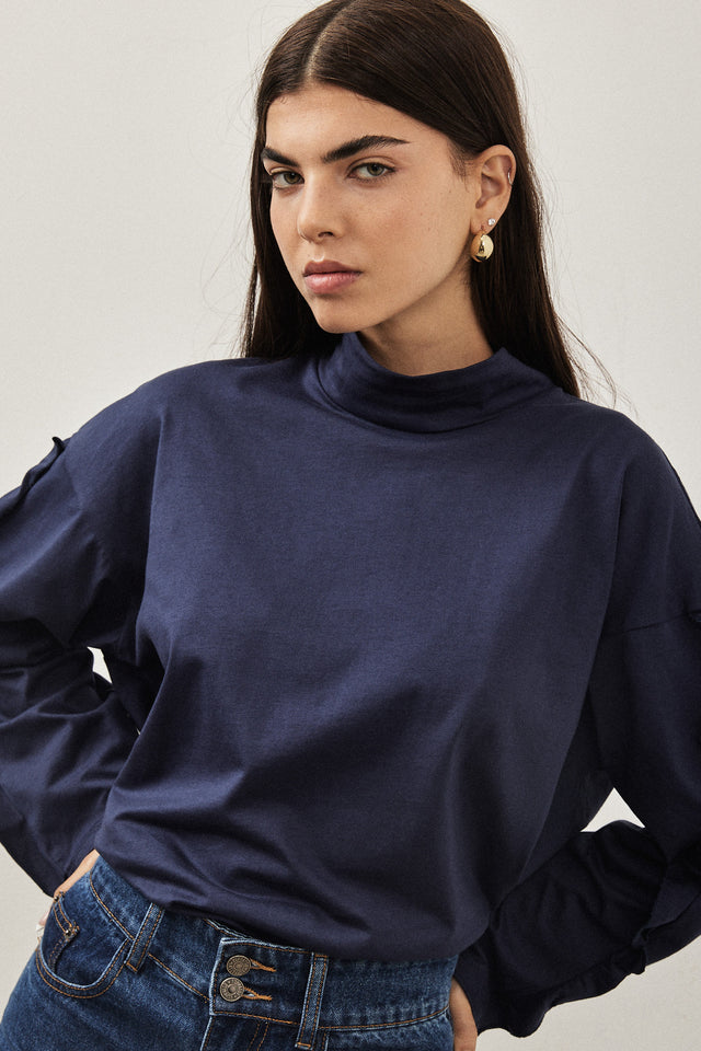 חולצת מיני גולף פפלום בשרוולים כחול נייבי