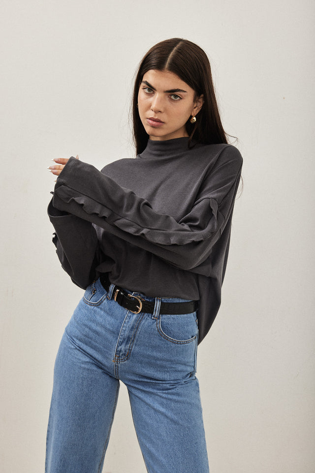 חולצת מיני גולף פפלום בשרוולים אפור