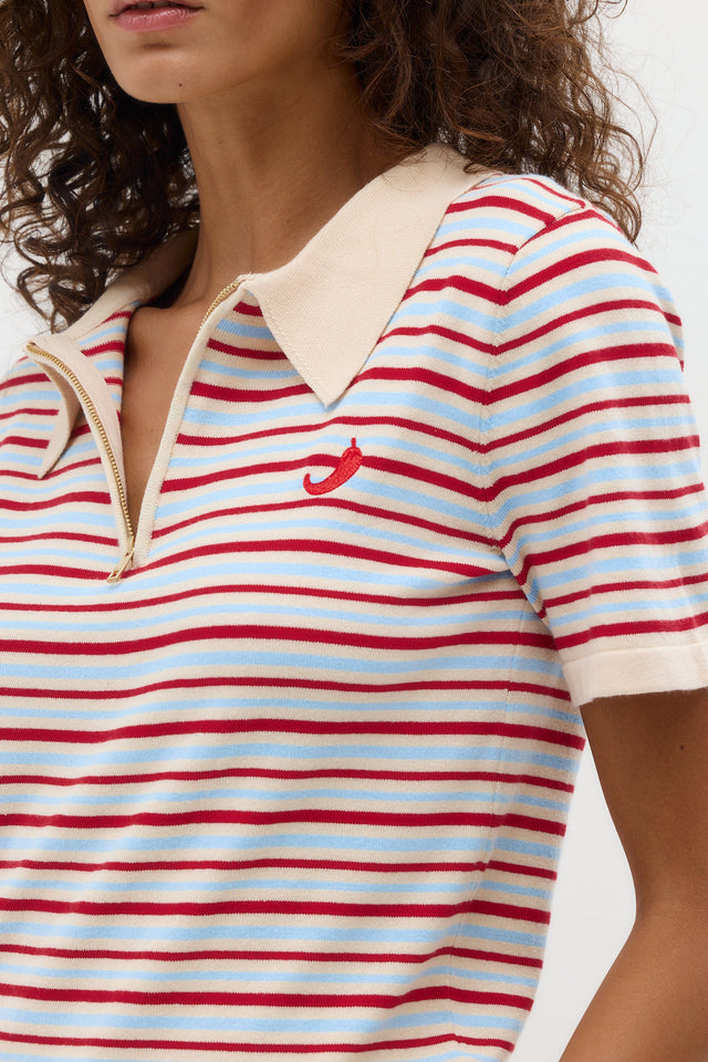 חולצת פולו פסים ספייסי סריג דק זיפר תכלת אדום