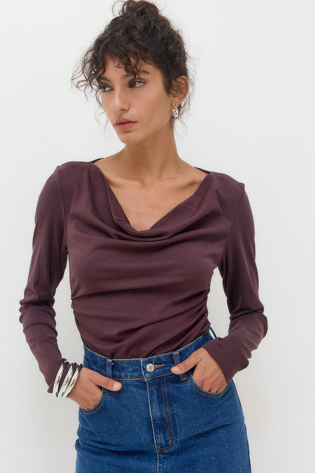 חולצת דרפה-אוף שולדר ארוכה פלאם יין
