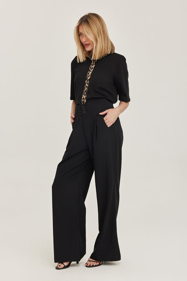 מכנסיים מחוייטים קרמבו חגורה רחבה קפלים שחורים