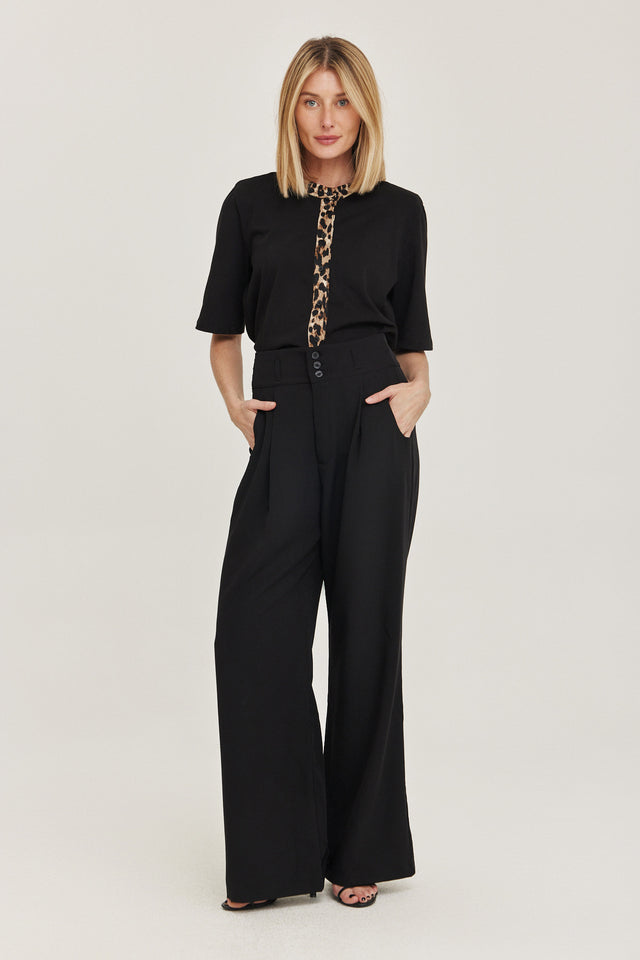 מכנסיים מחוייטים קרמבו חגורה רחבה קפלים שחורים