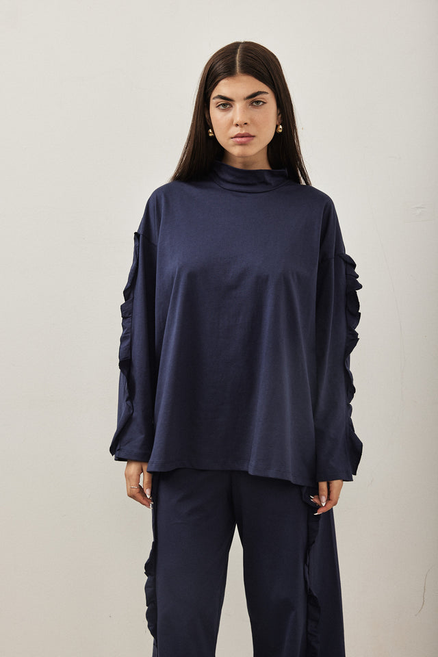 חולצת מיני גולף פפלום בשרוולים כחול נייבי