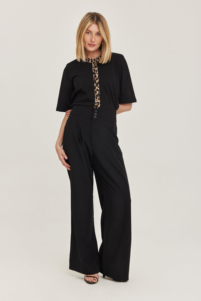 מכנסיים מחוייטים קרמבו חגורה רחבה קפלים שחורים