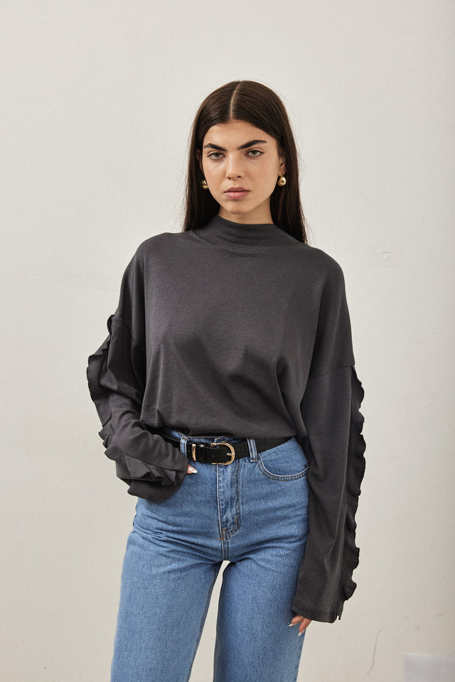 חולצת מיני גולף פפלום בשרוולים אפור